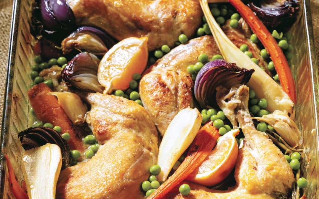 Cuisses de poulet au citron, à l’estragon et aux pois verts