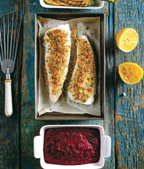 Poisson croustillant et houmous de betterave