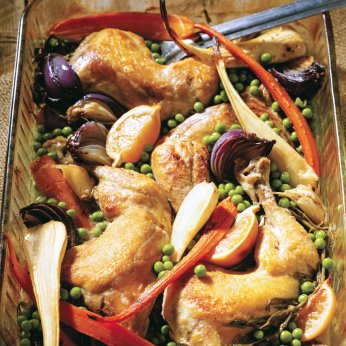 Cuisses de poulet au citron, à l’estragon et aux pois verts