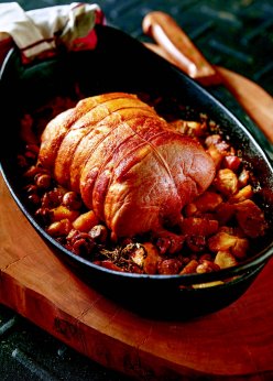 Rôti de longe de porc (moutarde à l’ancienne, pommes et champignons)
