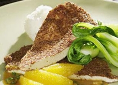 Escalopes de dindon enrobée de lin, sauce à l’orange et au gingembre